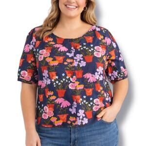 Princess Highway Floral Pot Print Linen Cotton Top Linen Blend Puff Sleeves
